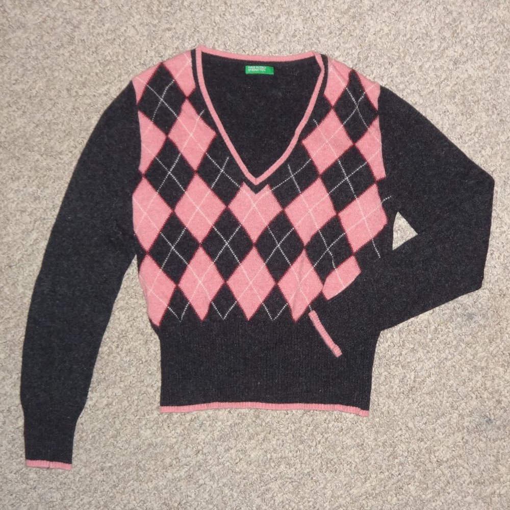 Pink/Dark Gray Wool Benetton Argyle Sweater, Small